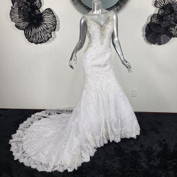 NWT~$1895~ALLURE BRIDALS~6/8~WHITE RHINESTONE MERMAID FIT & FLARE WEDDING DRESS - Picture 7 of 16
